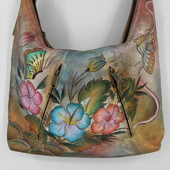Anuschka Shoulder Bag Leather Hibiscus Flower Butterfly Hand Painted Handbag - Picture 2 of 14